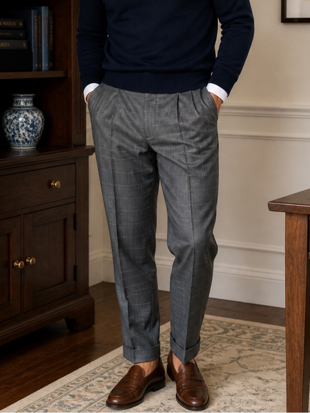 Alan Flusser Windowpane Plaid Dress Pants Pleated Men’s 34x30 Gray Classic